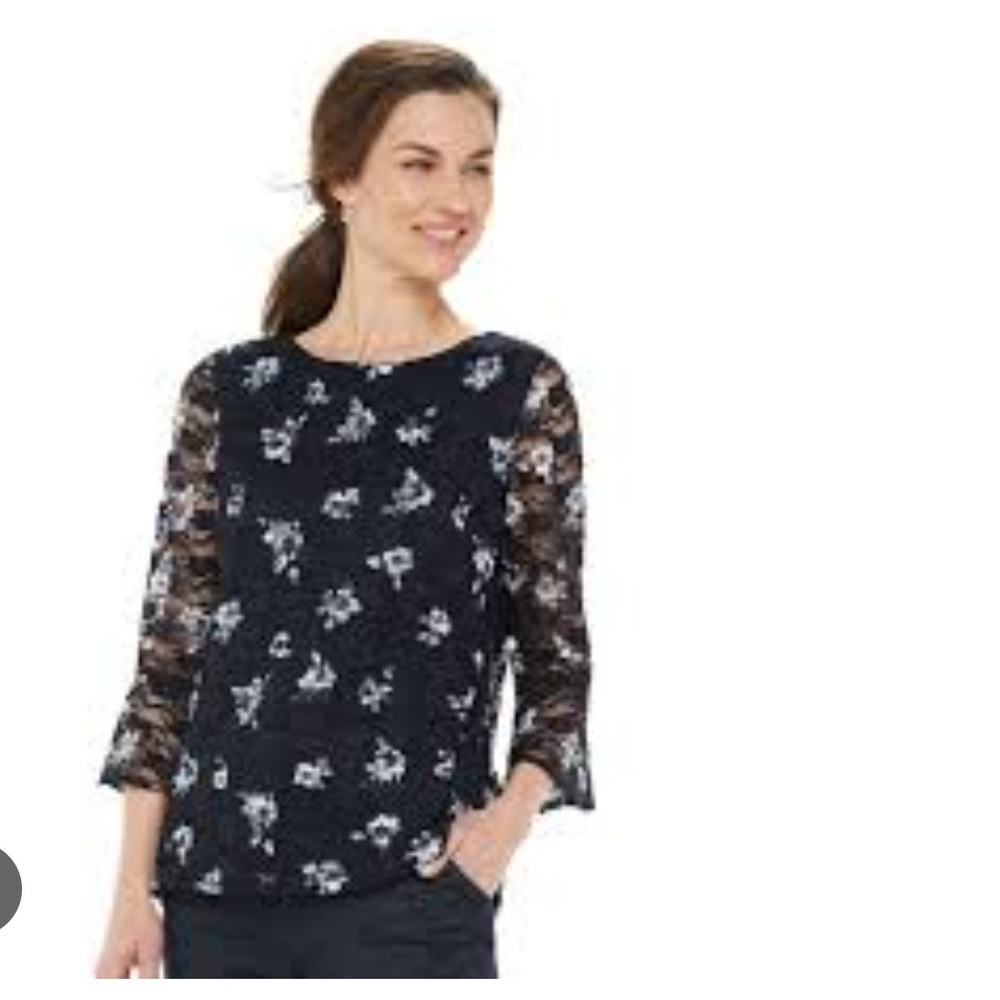 Croft & Barrow NEW black Floral Lace 3/4 Sleeve Top Plus XXL momcore grandmacore